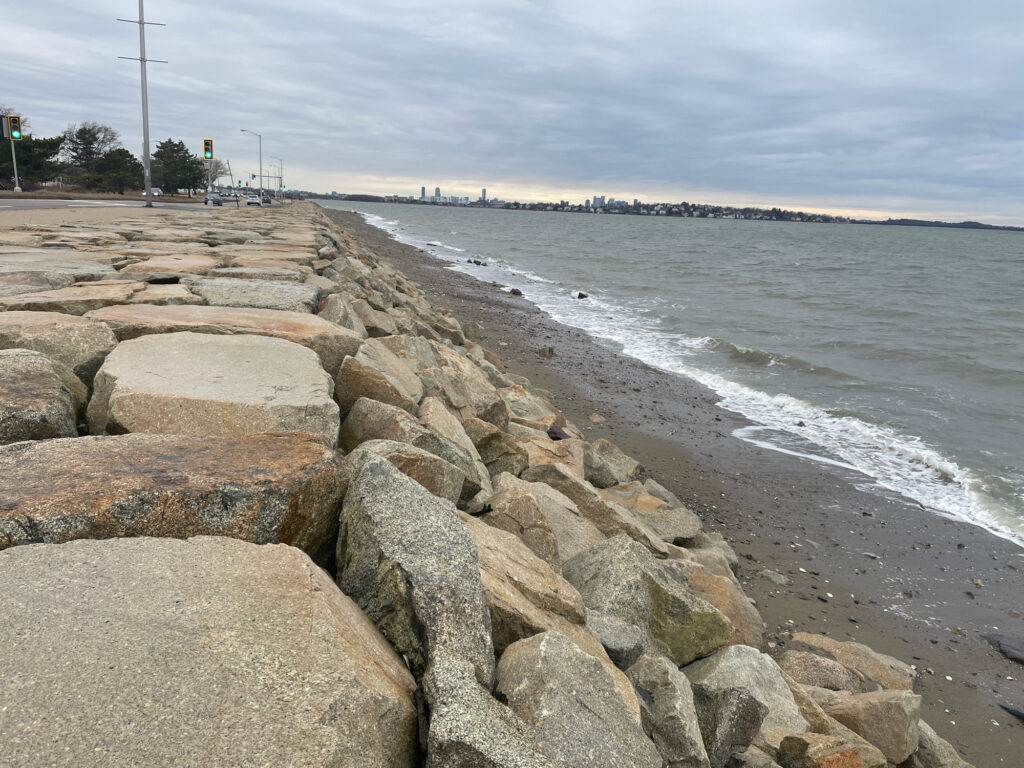 a rocky beach with a body of water in the background (MyCoast AI)