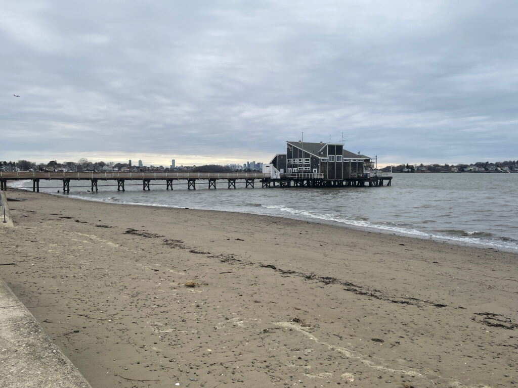 a beach with a pier and a building in the background (MyCoast AI)