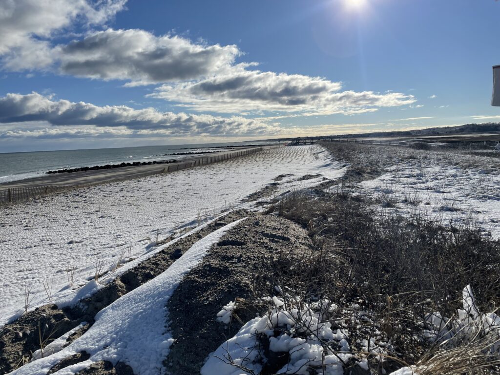 a snowy beach with a body of water and a cloudy sky (MyCoast AI)
