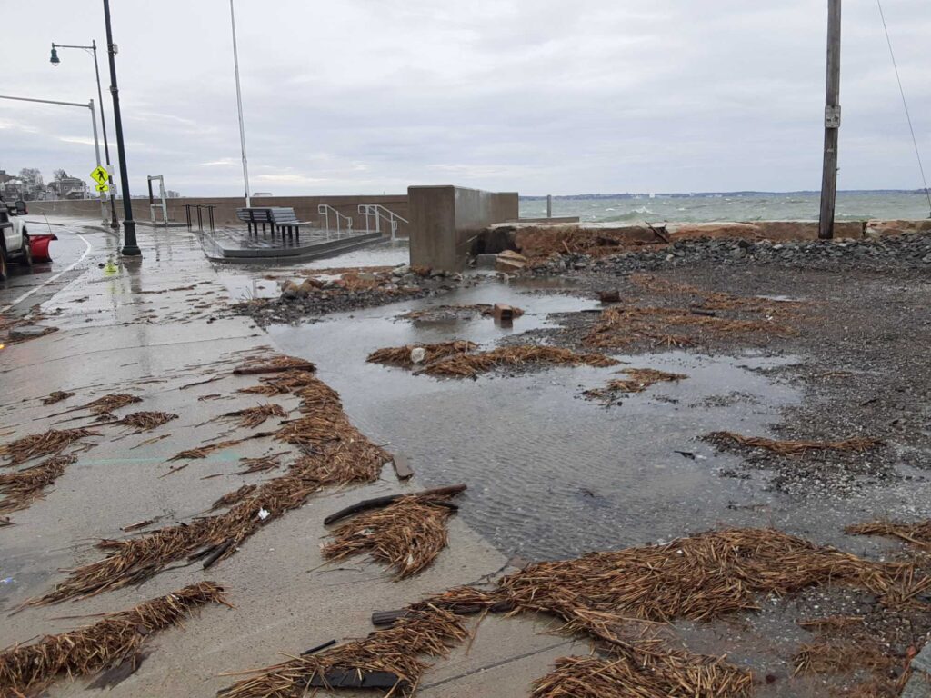 a muddy area with a pier and a body of water in the background (MyCoast AI)