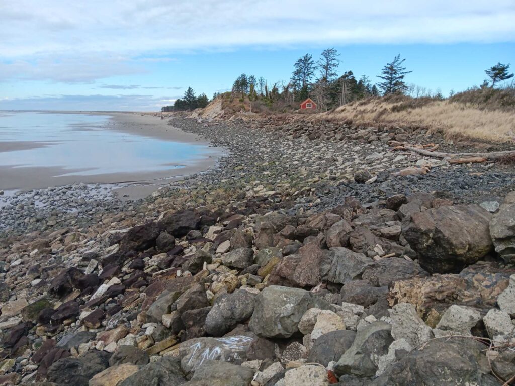 a rocky beach with a small red house in the distance (MyCoast AI)