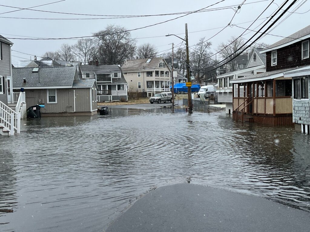 a flooded street with houses and cars (MyCoast AI)