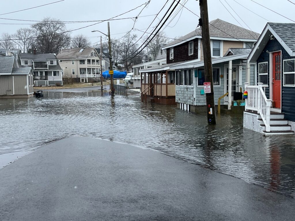 a flooded street with houses (MyCoast AI)