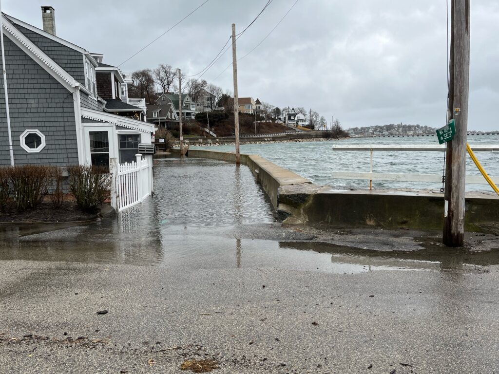 a flooded street with houses and a flooded road (MyCoast AI)