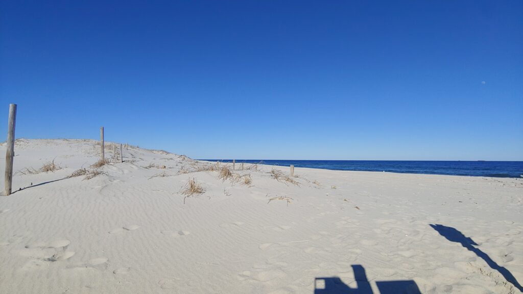 a sandy beach with a fence and blue sky (MyCoast AI)