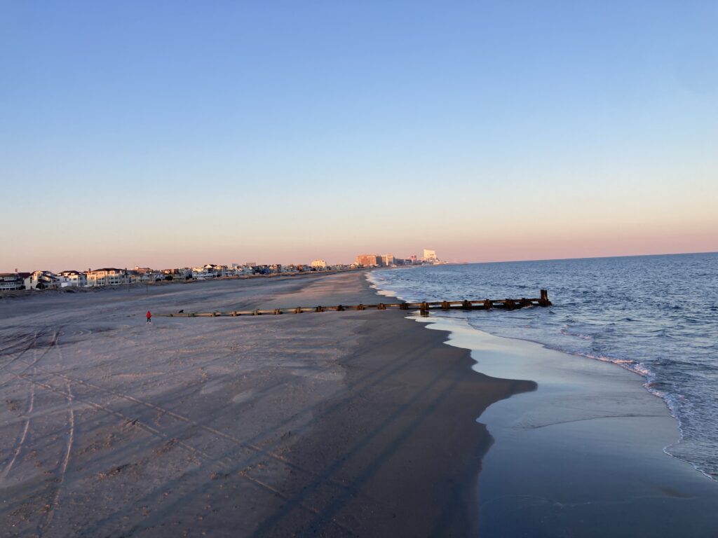 a beach with a pier and buildings in the distance (MyCoast AI)