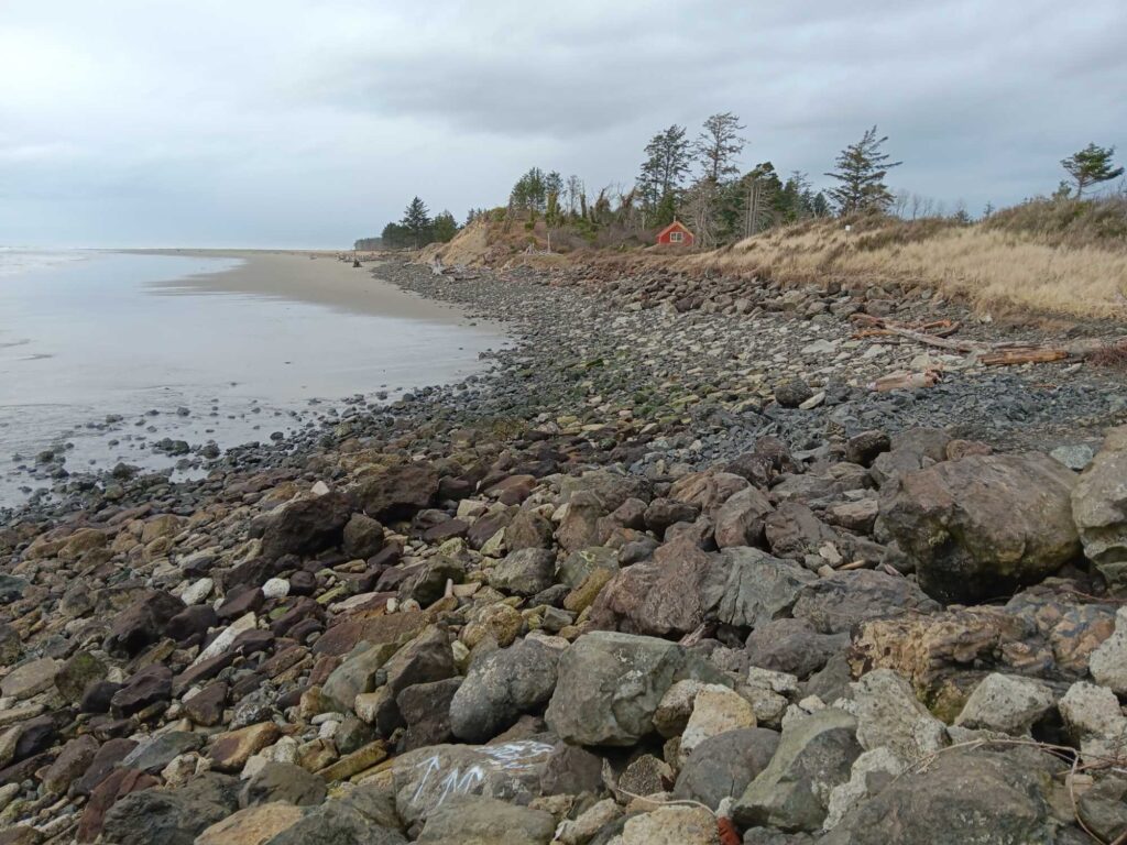 a rocky beach with a body of water and trees in the background (MyCoast AI)