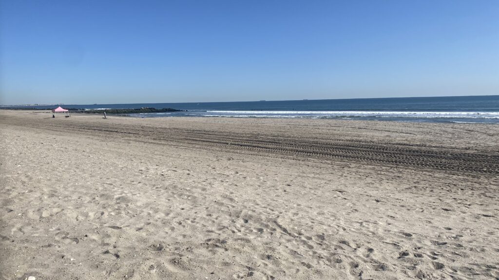 a sandy beach with waves crashing (MyCoast AI)