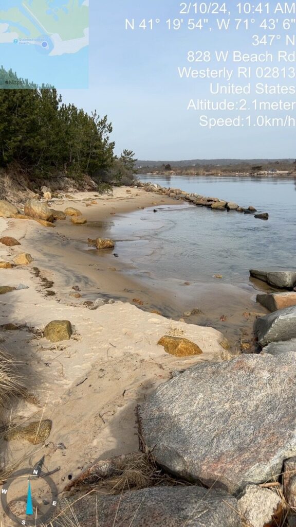 a rocky beach with trees and water (MyCoast AI)
