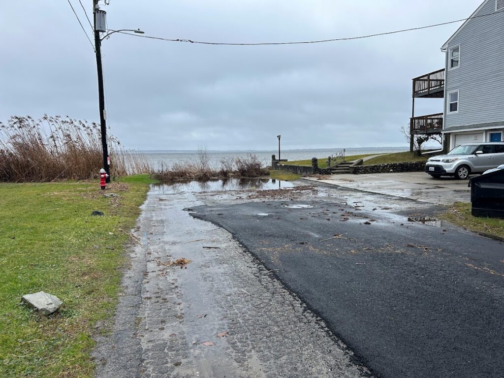 a wet road with a red fire hydrant and grass and a building (MyCoast AI)