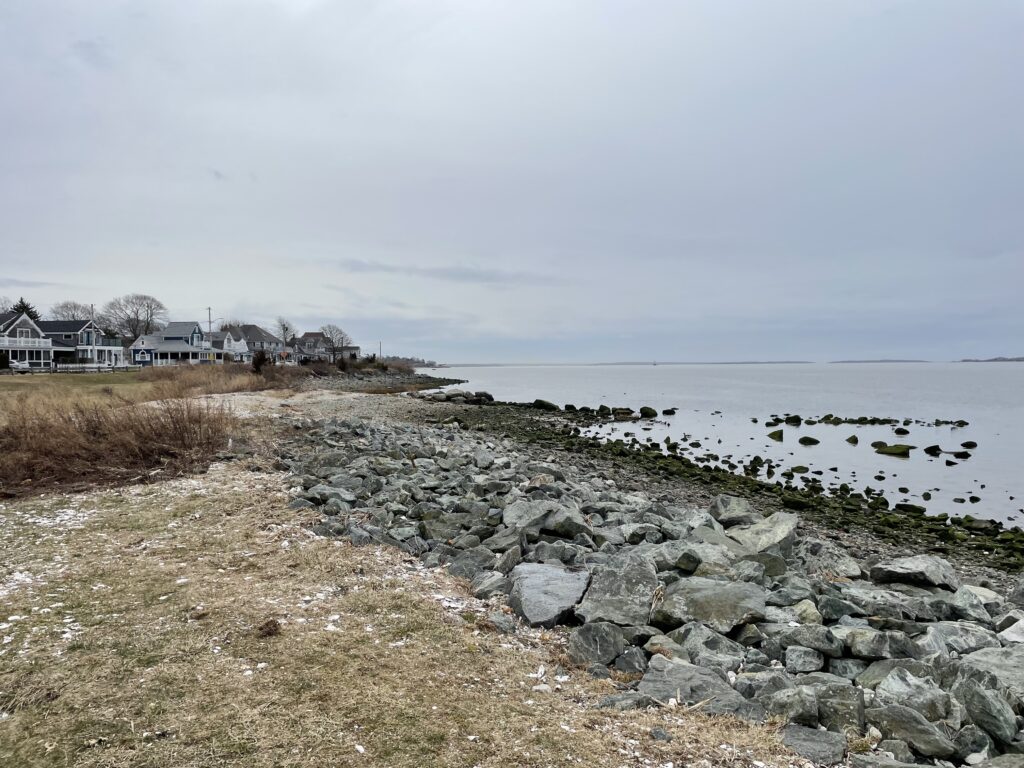 a rocky beach with houses in the background (MyCoast AI)