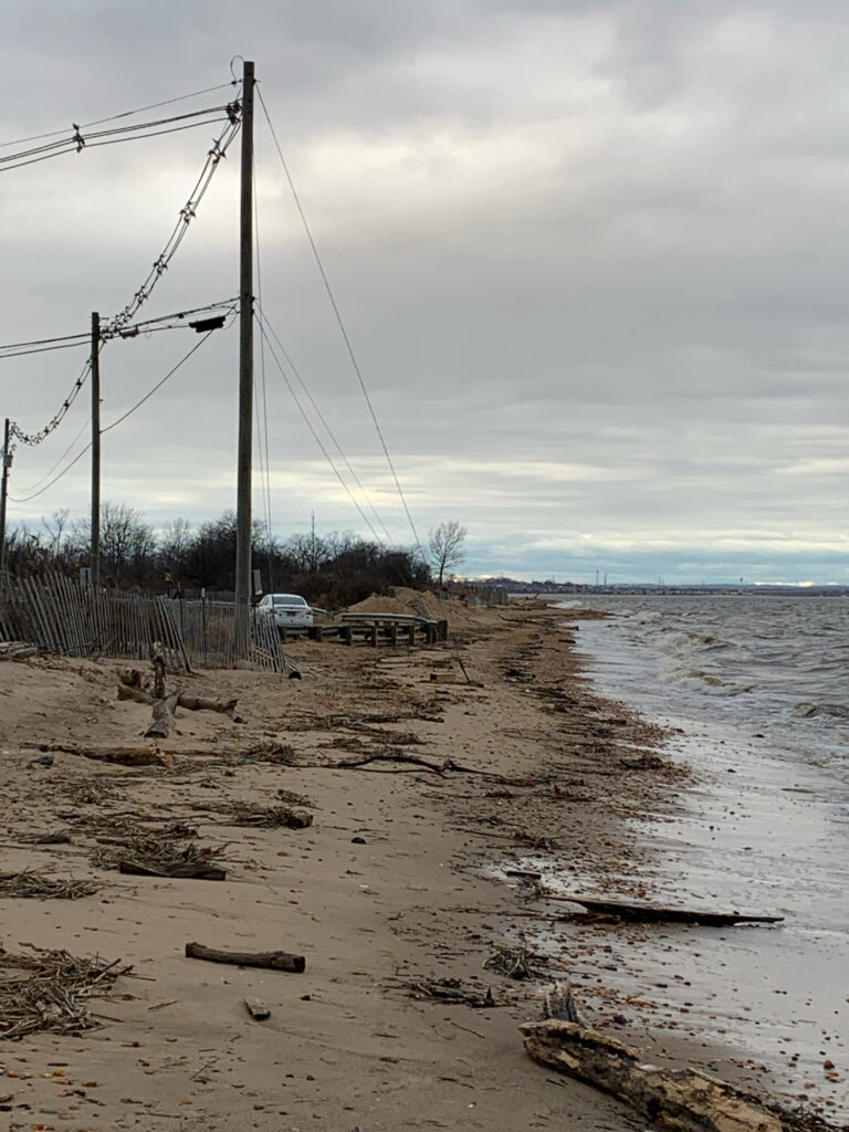a beach with a row of telephone poles and a car parked on the shore (MyCoast AI)