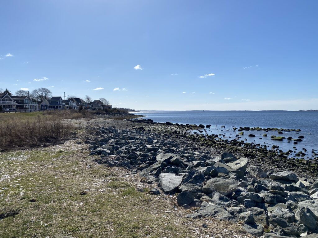 a rocky beach with houses in the background (MyCoast AI)
