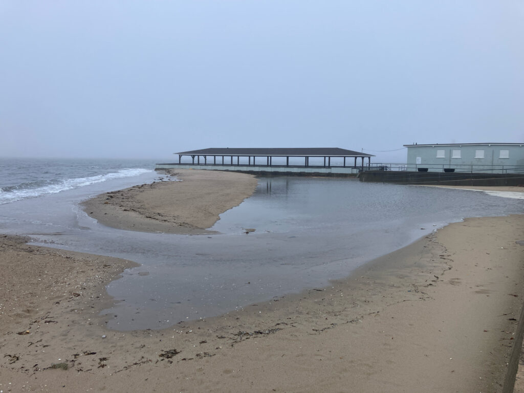 a beach with a pier and buildings (MyCoast AI)