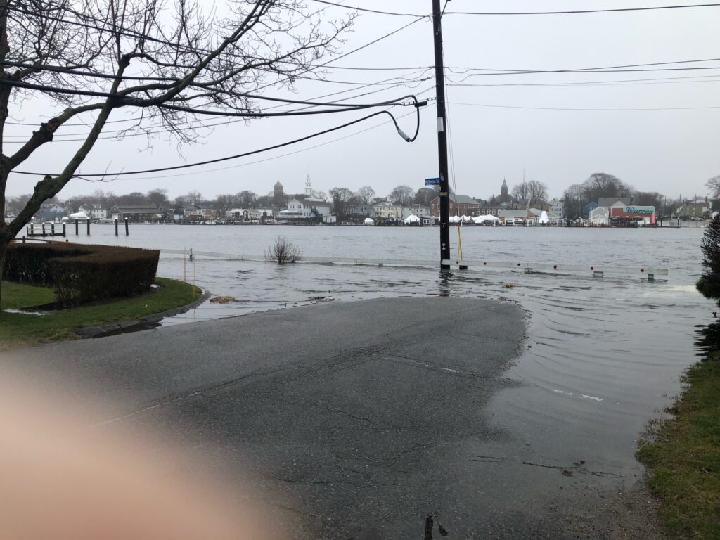 a flooded street with houses and trees (MyCoast AI)