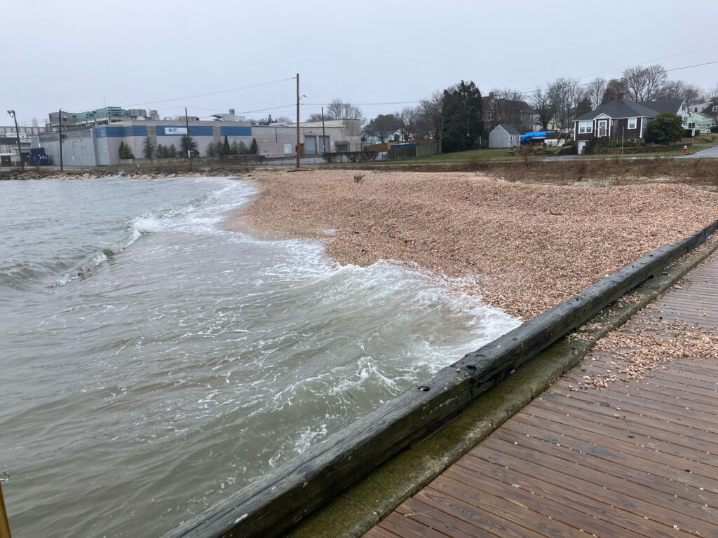 a body of water with a beach and buildings in the background (MyCoast AI)