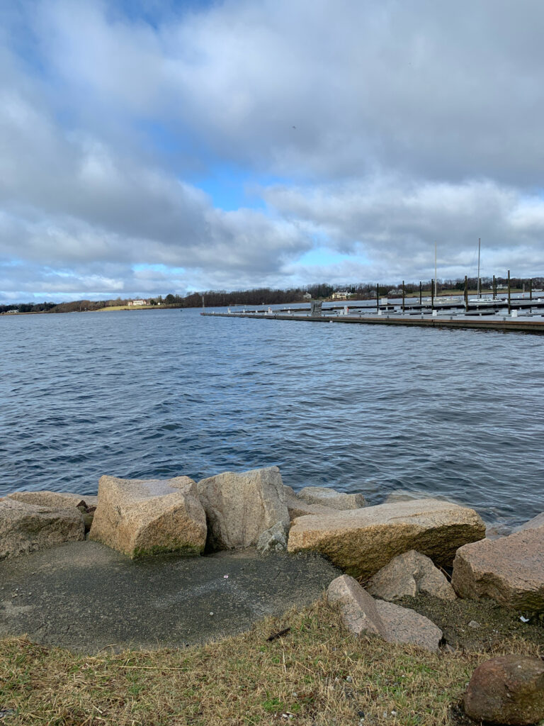 a body of water with rocks and a dock in the distance (MyCoast AI)