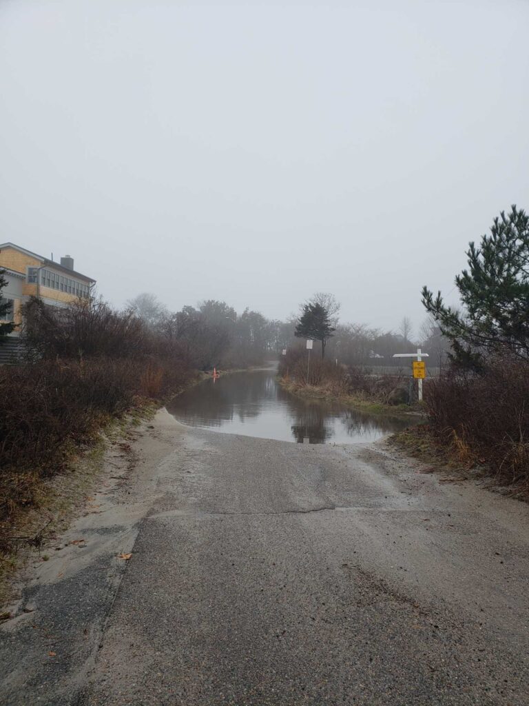 a road with a puddle on the side and buildings on the side (MyCoast AI)
