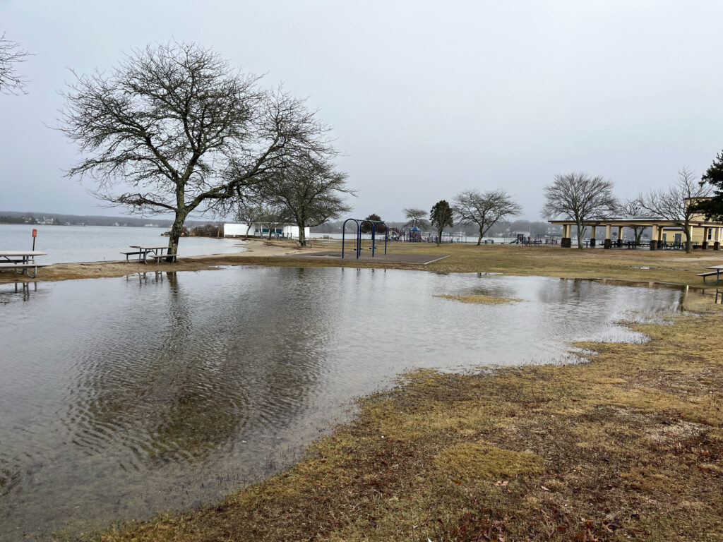 a flooded area with trees and a building in the background (MyCoast AI)