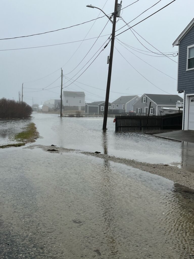a flooded street with houses and power lines (MyCoast AI)