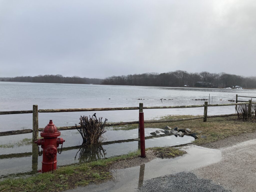 a red fire hydrant next to a lake (MyCoast AI)