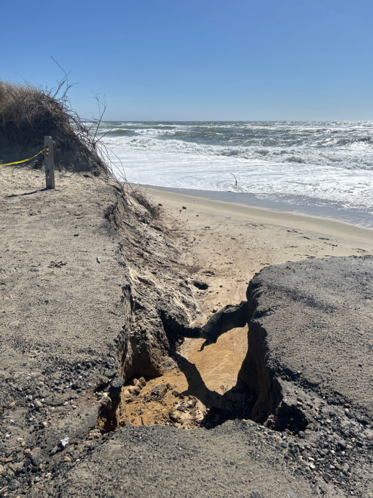a sandy beach with a fence and water in the background (MyCoast AI)