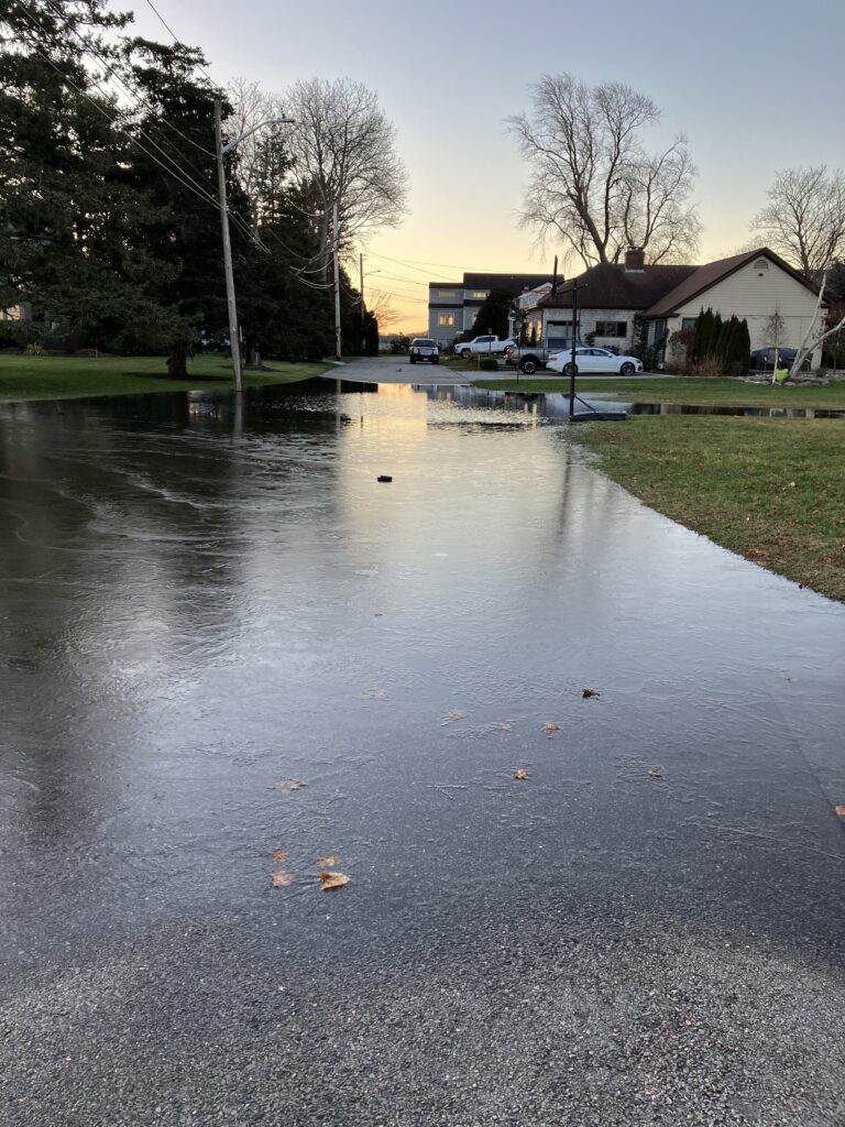 a flooded street with houses and trees (MyCoast AI)