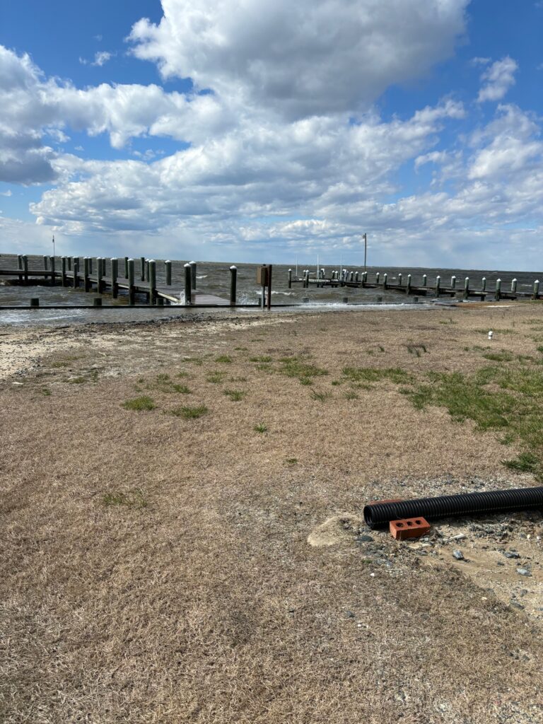 a concrete wall with a fence and a body of water in the background (MyCoast AI)