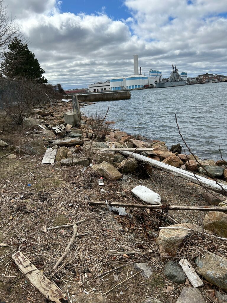 a pile of debris by a body of water (MyCoast AI)