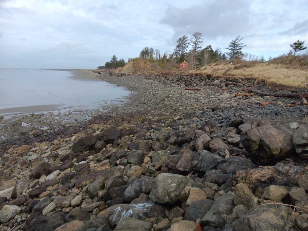 a rocky beach with a body of water in the background (MyCoast AI)