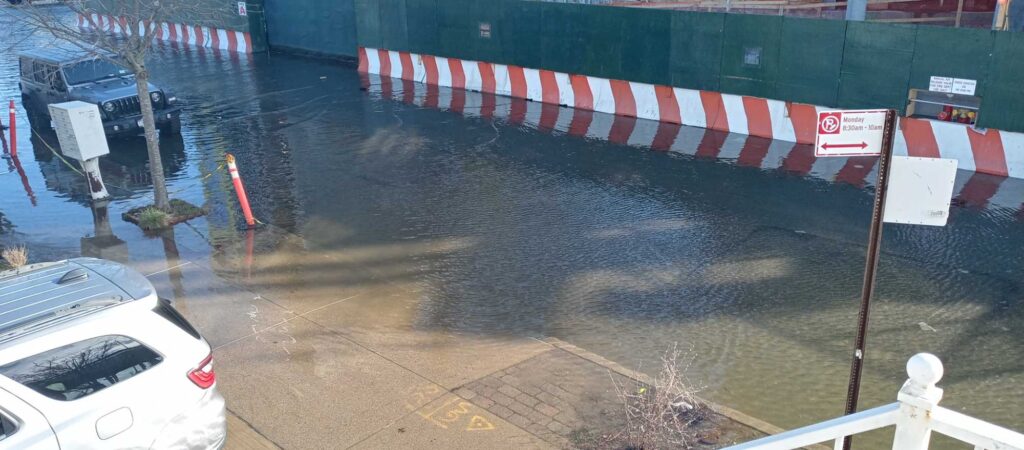 a flooded street with cars and a fence (MyCoast AI)