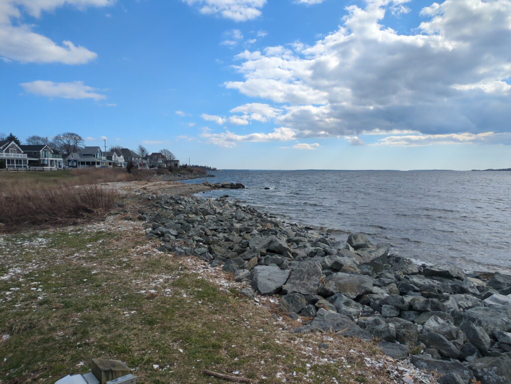 a rocky beach with houses and water (MyCoast AI)