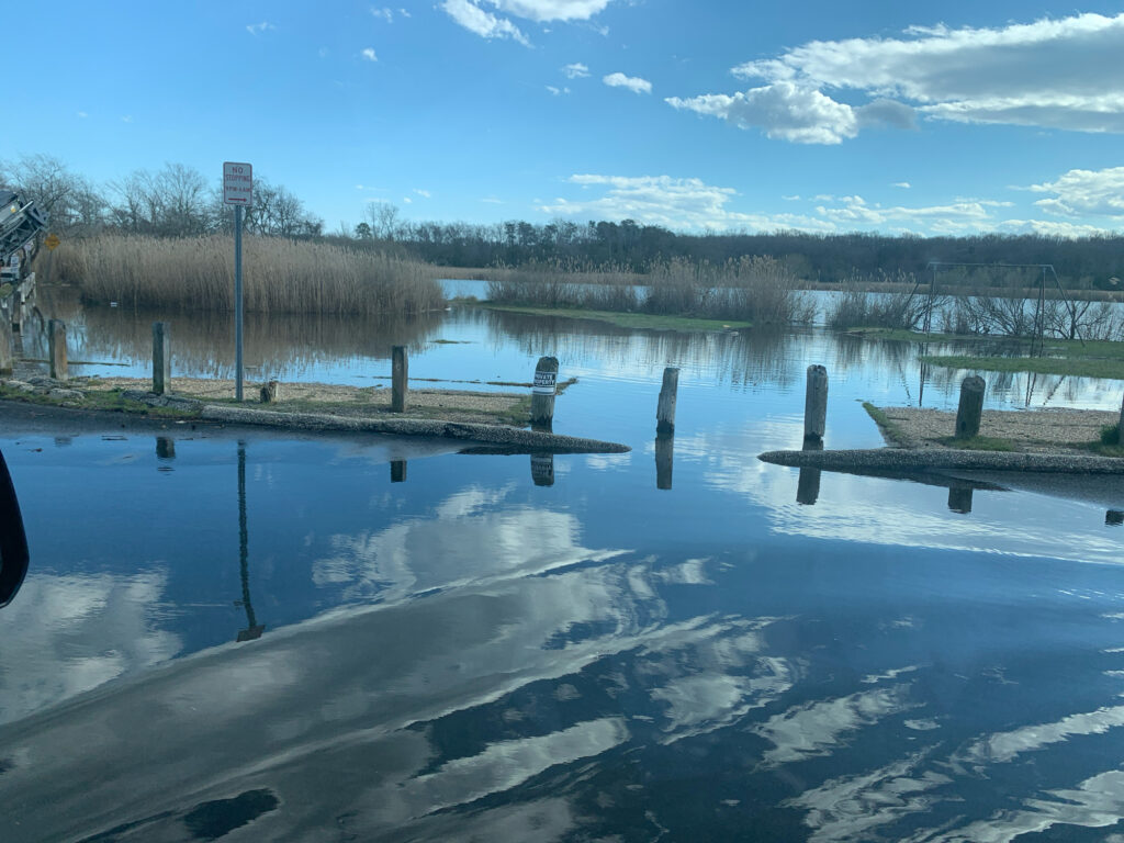a body of water with a dock and trees in the background (MyCoast AI)