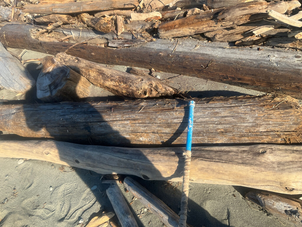 a blue and white pipe in a rocky area (MyCoast AI)