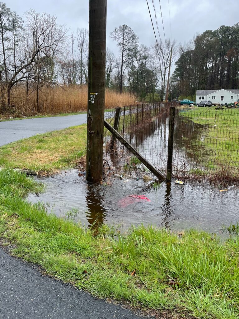 a flooded road with a wooden pole (MyCoast AI)