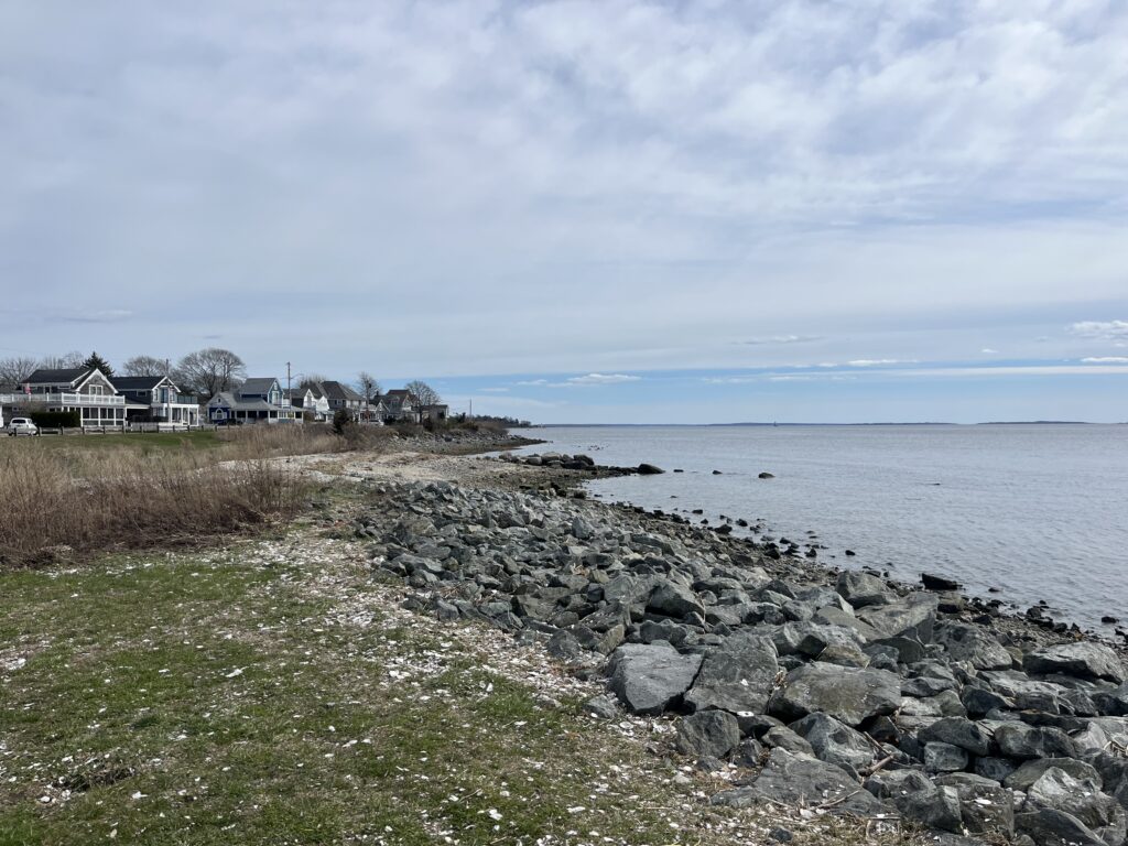 a rocky beach with houses and water (MyCoast AI)