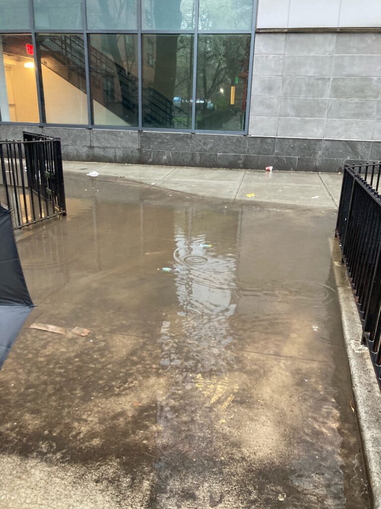 a wet courtyard with a building in the background (MyCoast AI)