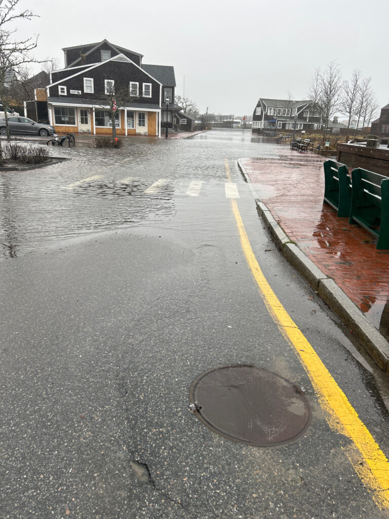 a road with a puddle on the side and houses on the side (MyCoast AI)