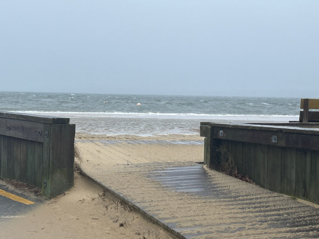 a beach with a fence and a body of water (MyCoast AI)