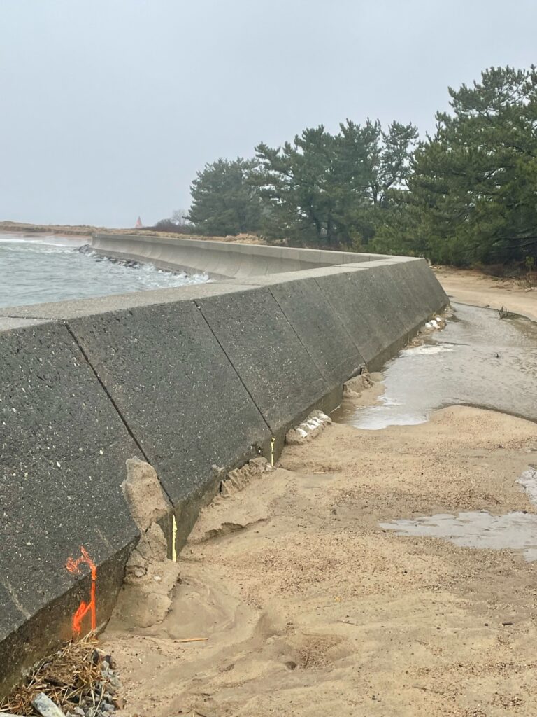 a concrete wall with a concrete wall and trees in the background (MyCoast AI)