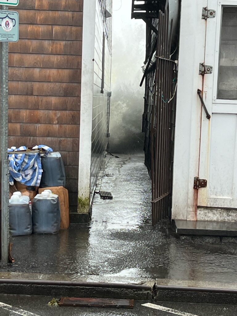 a wet alleyway with trash bags (MyCoast AI)