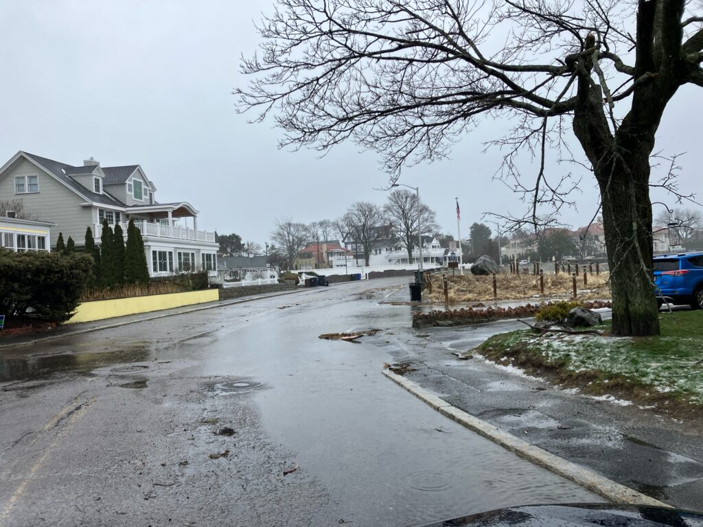 a wet street with houses and trees (MyCoast AI)