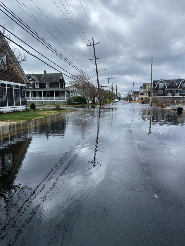 a flooded street with houses and power lines (MyCoast AI)