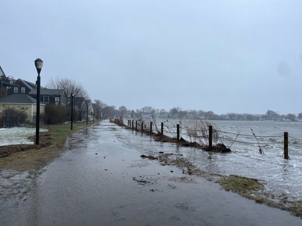 a flooded road with a fence and trees on the side (MyCoast AI)