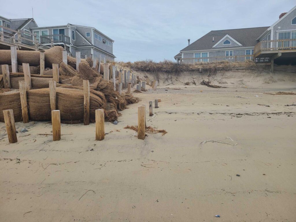 a beach with a row of wood posts and a row of houses (MyCoast AI)