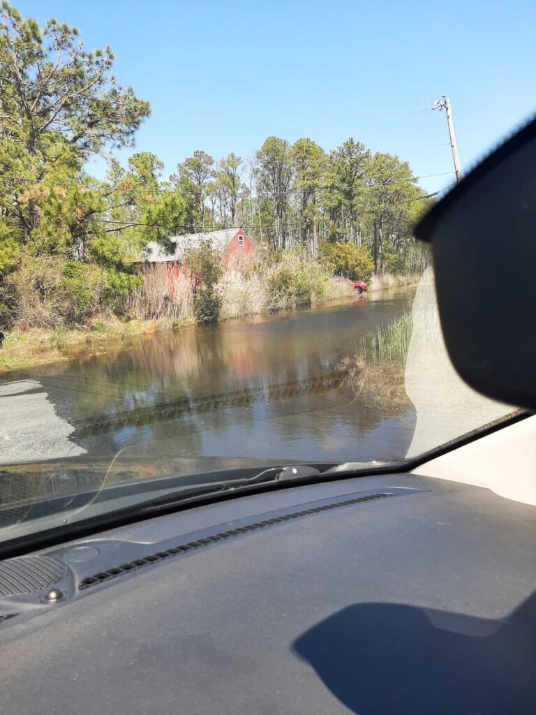 a flooded road with a house and trees on the side (MyCoast AI)