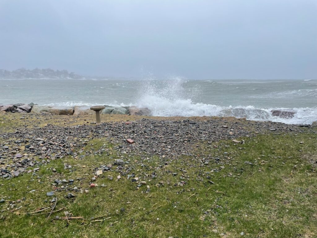 a rocky beach with waves crashing (MyCoast AI)
