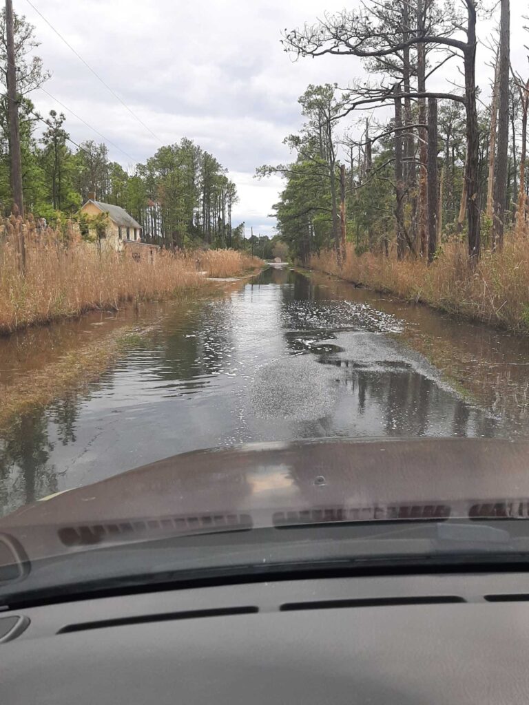 a flooded road with trees on either side of it (MyCoast AI)
