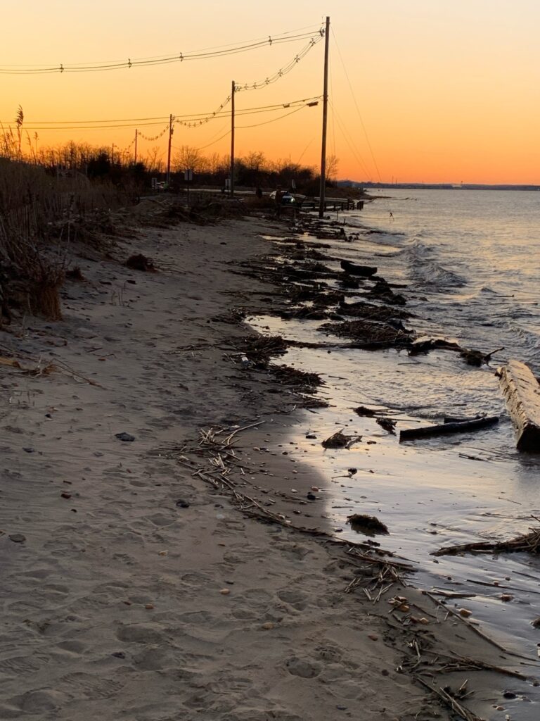 a sandy beach with a row of masts and a sunset (MyCoast AI)