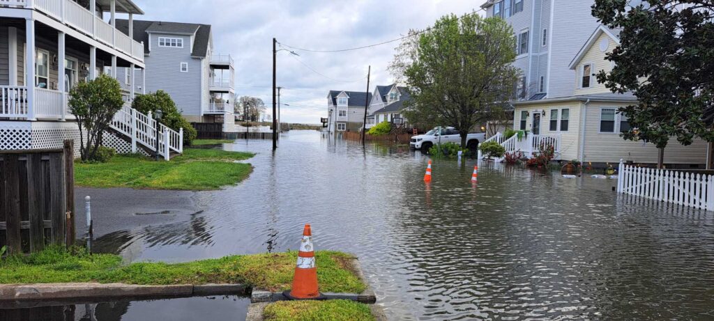 a flooded street with houses and trees (MyCoast AI)